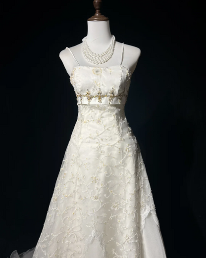Robe de mariée vintage, robe de bal, bretelles spaghetti, dentelle, ivoire, longue, robes de mariée rétro, robes de mariée modestes, DH2681