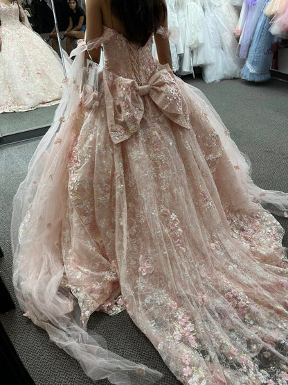 Gorgeous Pink Applique Ball Gowns Tulle Lace Off-the-shoulder Long Quinceanera Dress Tulle Sweet Birthday Dress DH2692