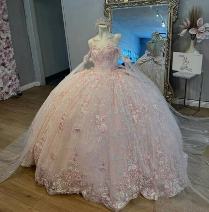 Gorgeous Pink Applique Ball Gowns Tulle Lace Off-the-shoulder Long Quinceanera Dress Tulle Sweet Birthday Dress DH2692