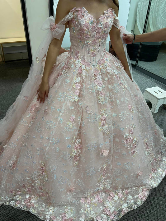 Gorgeous Pink Applique Ball Gowns Tulle Lace Off-the-shoulder Long Quinceanera Dress Tulle Sweet Birthday Dress DH2692