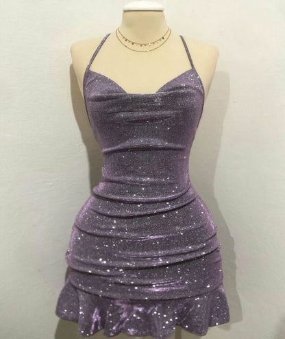 Sexy Sheath Halter Sequin Tight Grape Formal Homecoming Dresses 8th Grad Dance Graduation Dress Short Birthday Outfits Hoco Dresses DH2695