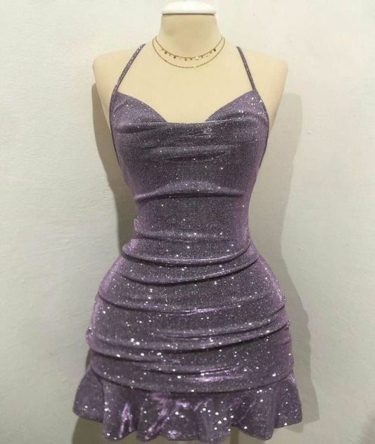 Robe fourreau sexy à paillettes, moulante, couleur raisin, tenue de soirée, de bal, de remise de diplôme, courte, tenue d'anniversaire, Hoco DH2695