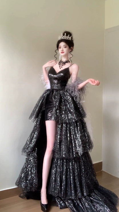 Sparkly Black Spaghetti Strap Sheath Tulle Short Train Evening Dress DH2707