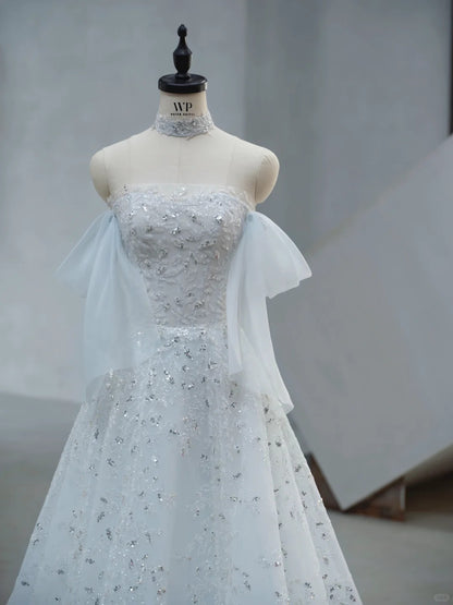 Timeless Bridal Dress A-Line Off Shoulder Tulle White Long Wedding Dress Modest Bridal Dress DH02717