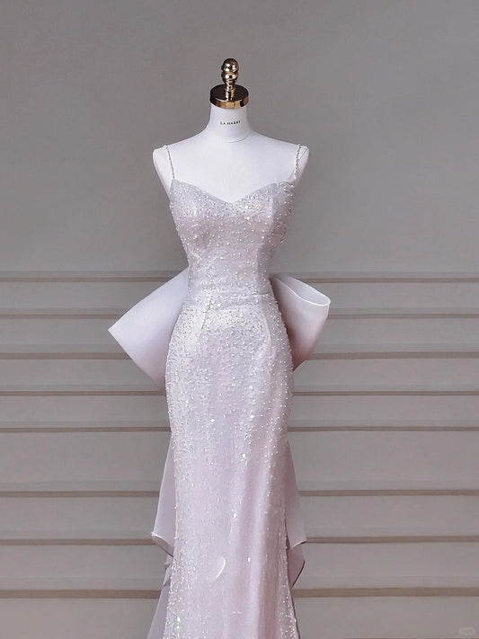 Modest Pink Spaghetti Strap Evening Dresses Mermaid Tulle with Bow Beading Long Prom Dresses Graduation Dresses DH02719