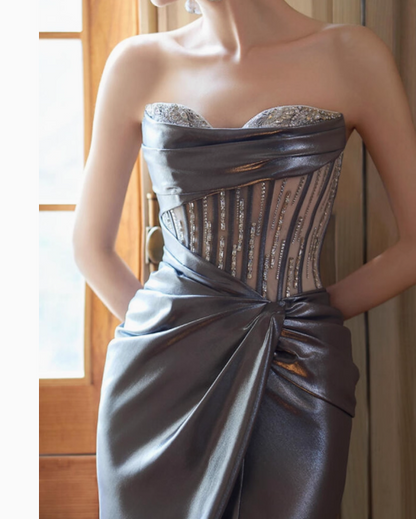 Elegant Silver Grey Sweetheart Sheath Long Evening Gowns Beaded Slit Graduation Dresses DH02721