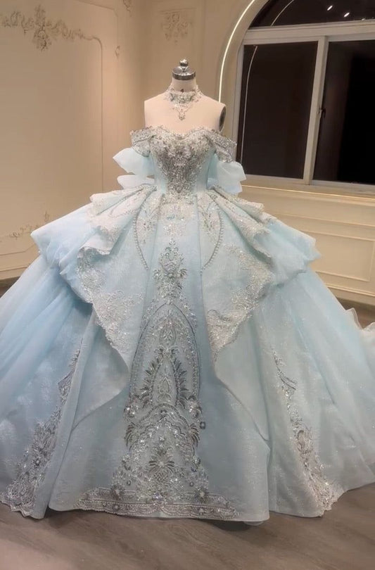 Gorgeous Sky Blue Off-the-shoulder Tulle Long Ball Gown Flower Sweet 16th Birthday Dress Cute Quinceanera Dress DH2736