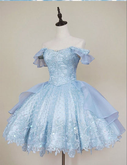 Pretty Ball Gown Off The Shoulder Light Sky Blue Lace Short Formal 8th Grade Homecoming Dresses Summer Middle School Hoco Dress 6th Grade Graduation Outfits DH285