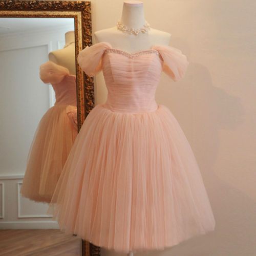 Pretty Ball Gown Off The Shoulder Blush Pink Tulle Short Formal 8th Grade Homecoming Dresses Summer Middle School Hoco Dress 6th Grade Graduation Outfits DH314