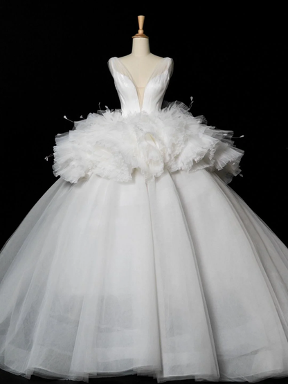 Elegantes Brautkleid Ballkleid V-Ausschnitt Weiß Tüll Sommer Lange Brautkleider Brautkleid Brautkleider DH348