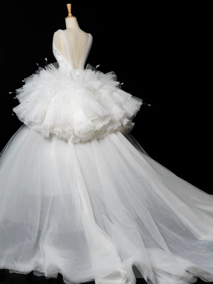 Elegantes Brautkleid Ballkleid V-Ausschnitt Weiß Tüll Sommer Lange Brautkleider Brautkleid Brautkleider DH348