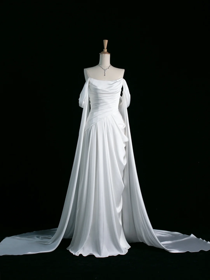 Jolie robe de mariée trapèze, épaules dénudées, manches courtes, blanche, longue, DH349
