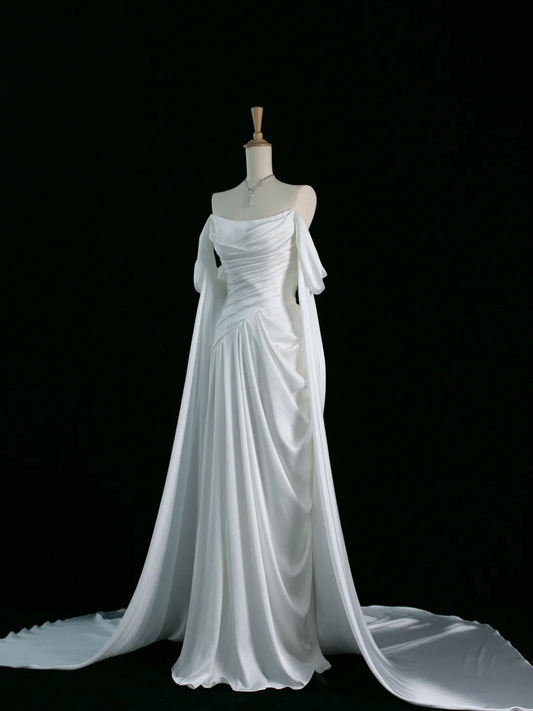 Hübsches Brautkleid A-Linie Schulterfrei Kurze Ärmel Weiß Lange Brautkleider Brautkleider Brautkleid DH349