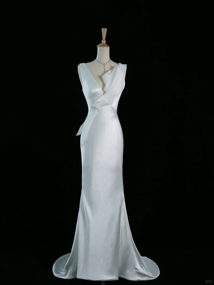 Hübsches Hochzeitskleid Meerjungfrau V-Ausschnitt Weiß Satin Lange Vintage Brautkleider Brautkleider Bräute Kleid DH352