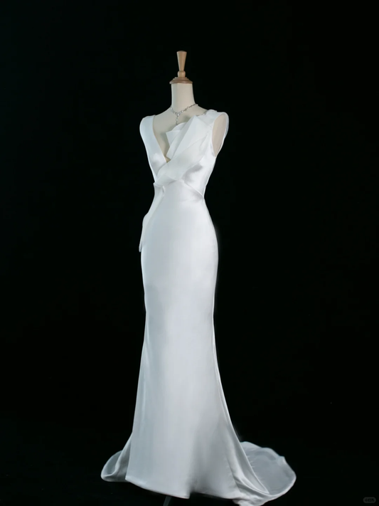 Hübsches Hochzeitskleid Meerjungfrau V-Ausschnitt Weiß Satin Lange Vintage Brautkleider Brautkleider Bräute Kleid DH352