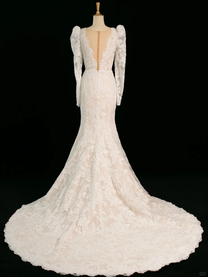 Hübsches Hochzeitskleid Meerjungfrau V-Ausschnitt Elfenbein Ärmellose Spitze Lange Vintage Brautkleider Brautkleider Brautkleid DH357