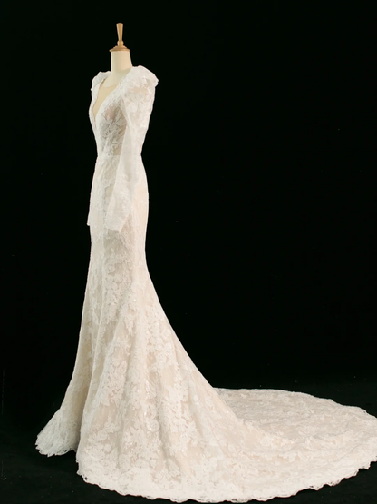 Hübsches Hochzeitskleid Meerjungfrau V-Ausschnitt Elfenbein Ärmellose Spitze Lange Vintage Brautkleider Brautkleider Brautkleid DH357