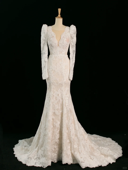 Hübsches Hochzeitskleid Meerjungfrau V-Ausschnitt Elfenbein Ärmellose Spitze Lange Vintage Brautkleider Brautkleider Brautkleid DH357