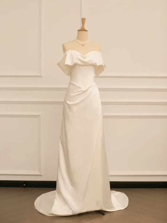 Hübsches Brautkleid A-Linie Schulterfrei Kurze Ärmel Weiß Lange Brautkleider Brautkleider Brautkleid DH359