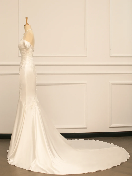 Pretty Wedding Dress Mermaid Off The Shoulder Short Sleeves Satin Long Vintage Wedding Dresses Bridal Gowns Brides Gown DH361