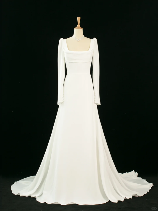 Hübsches Hochzeitskleid A-Linie Square Neck Long Sleeves Weiß Lange Brautkleider Brautkleider Brautkleid DH364