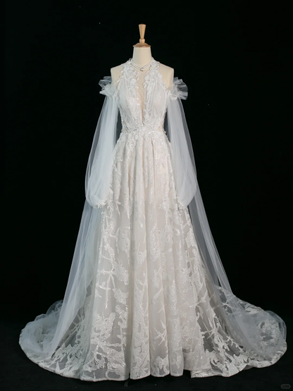 Hübsches Hochzeitskleid A-Linie Rundhalsausschnitt Lange Ärmel Tüll Spitze Vintage Brautkleider Brautkleider Brautkleid DH366