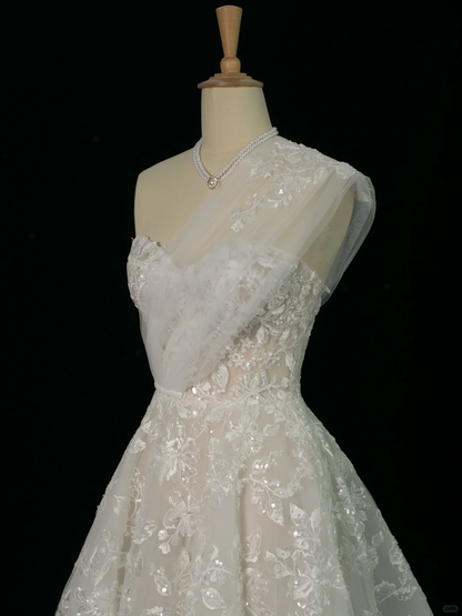 Elegantes Brautkleid Ballkleid Eine Schulter Ärmellose Weiße Spitze Sommer Brautkleider Braut Kleid Brautkleider DH373