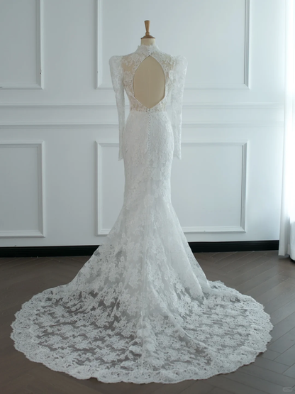Hübsches Brautkleid Meerjungfrau High Neck White Lace Long Sleeves Backless Vintage Brautkleider Brautkleider Brautkleid DH378