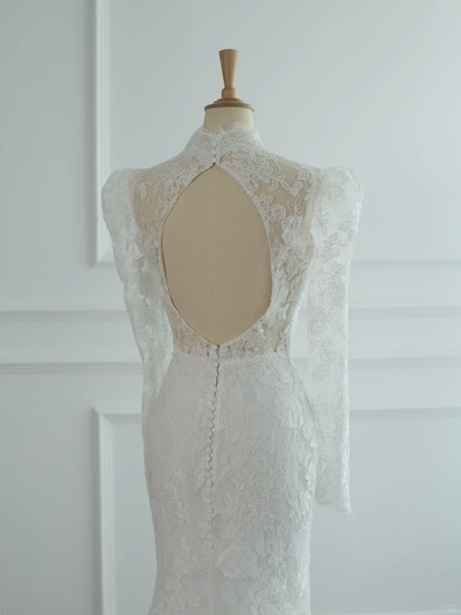 Hübsches Brautkleid Meerjungfrau High Neck White Lace Long Sleeves Backless Vintage Brautkleider Brautkleider Brautkleid DH378