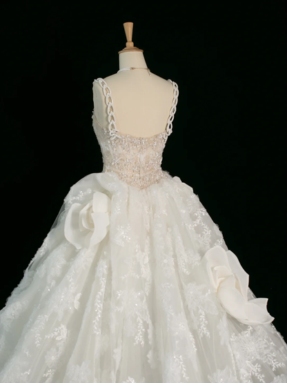 Robe de mariée élégante, robe de bal, décolleté en cœur, sans manches, dentelle blanche, longue, été, DH381
