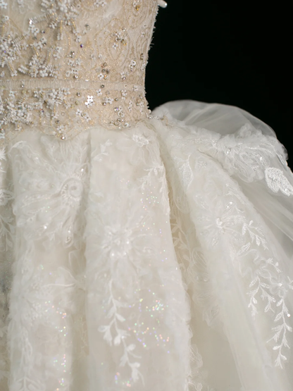 Robe de mariée élégante, robe de bal, décolleté en cœur, sans manches, dentelle blanche, longue, été, DH381