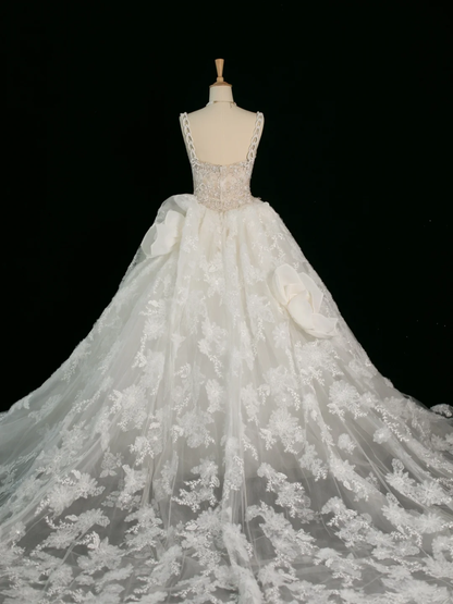 Robe de mariée élégante, robe de bal, décolleté en cœur, sans manches, dentelle blanche, longue, été, DH381