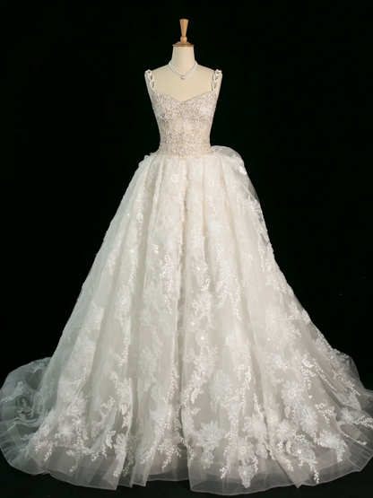 Robe de mariée élégante, robe de bal, décolleté en cœur, sans manches, dentelle blanche, longue, été, DH381