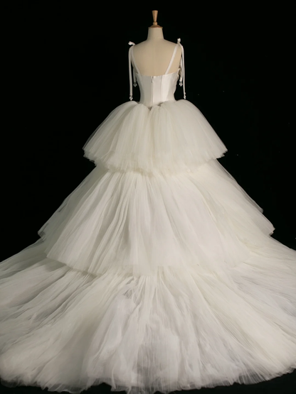 Elegantes Brautkleid Ballkleid Spaghettiträger Tüll Ärmellos Weiß Sommer Lange Brautkleider Brautkleid Brautkleider DH382