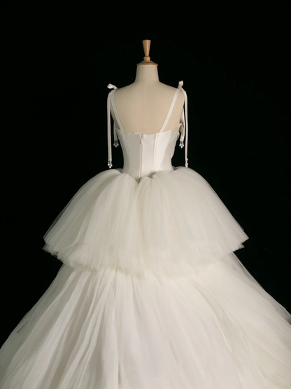Elegantes Brautkleid Ballkleid Spaghettiträger Tüll Ärmellos Weiß Sommer Lange Brautkleider Brautkleid Brautkleider DH382