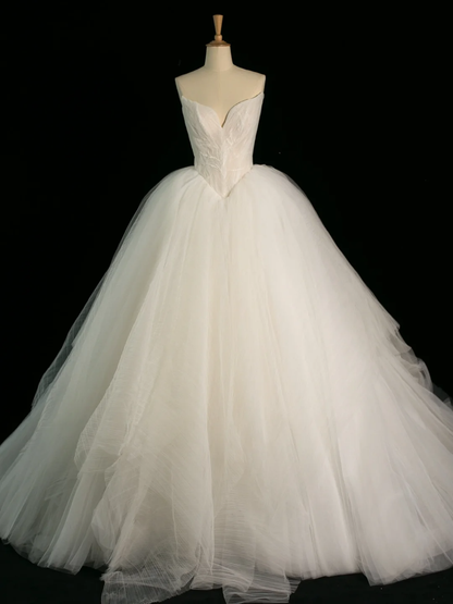 Robe de mariée élégante, robe de bal, décolleté en cœur, tulle, sans manches, blanche, longue, été, DH384