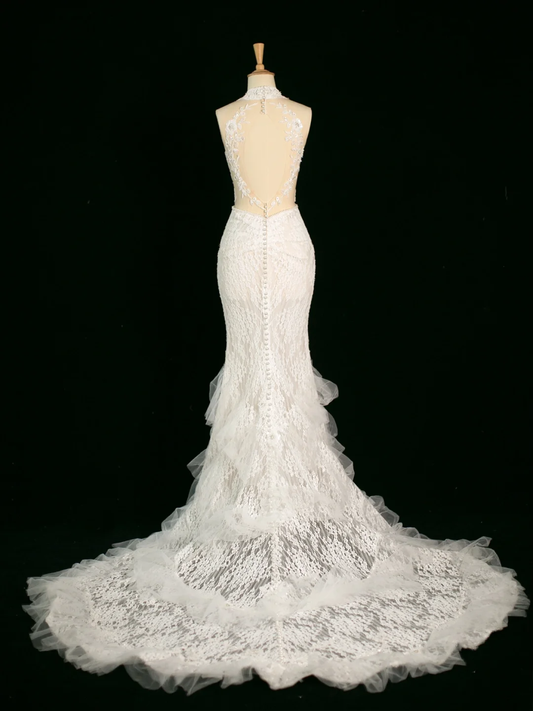 Hübsches Hochzeitskleid Meerjungfrau V-Ausschnitt Ärmellose Spitze Lange Vintage Brautkleider Brautkleider Bräute Kleid DH391