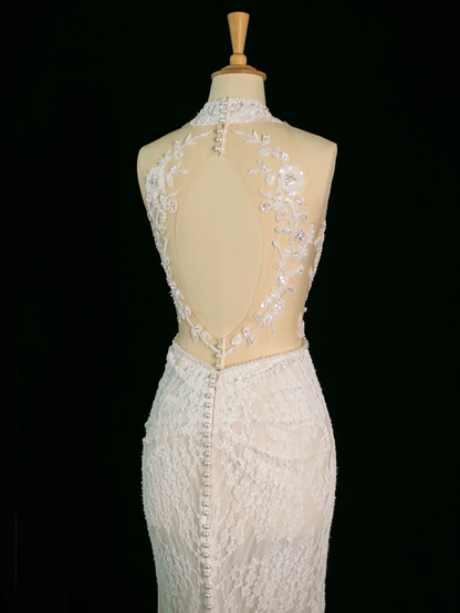 Hübsches Hochzeitskleid Meerjungfrau V-Ausschnitt Ärmellose Spitze Lange Vintage Brautkleider Brautkleider Bräute Kleid DH391