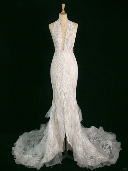 Hübsches Hochzeitskleid Meerjungfrau V-Ausschnitt Ärmellose Spitze Lange Vintage Brautkleider Brautkleider Bräute Kleid DH391