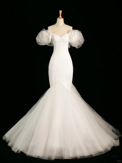 Hübsches Brautkleid Meerjungfrau aus der Schulter kurze Ärmel Tüll lange Vintage Brautkleider Brautkleider Brautkleid DH392