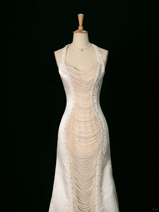 Chic Wedding Dress Mermaid Halter White Satin Sleeveless Long Vintage Wedding Dresses Bridal Gowns Brides Gown DH394