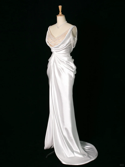 Chic Wedding Dress Mermaid Straps White Satin Sleeveless Long Vintage Wedding Dresses Bridal Gowns Brides Dress DH395