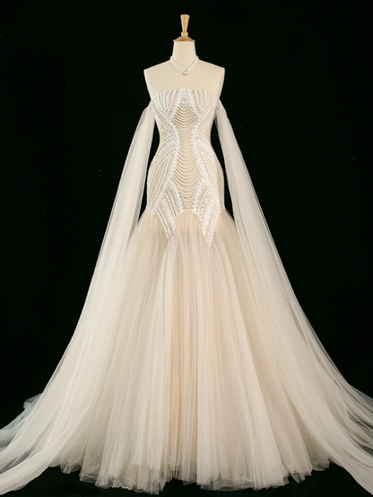 Hübsches Brautkleid Meerjungfrau aus der Schulter mit langen Ärmeln Tüll lange Vintage Brautkleider Brautkleider Brautkleid DH396