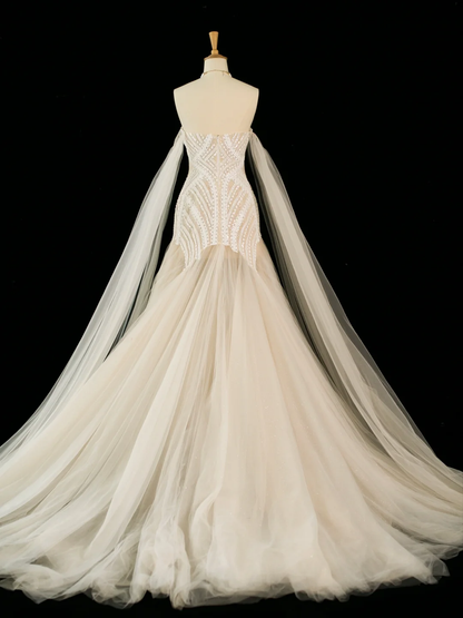 Hübsches Brautkleid Meerjungfrau aus der Schulter mit langen Ärmeln Tüll lange Vintage Brautkleider Brautkleider Brautkleid DH396