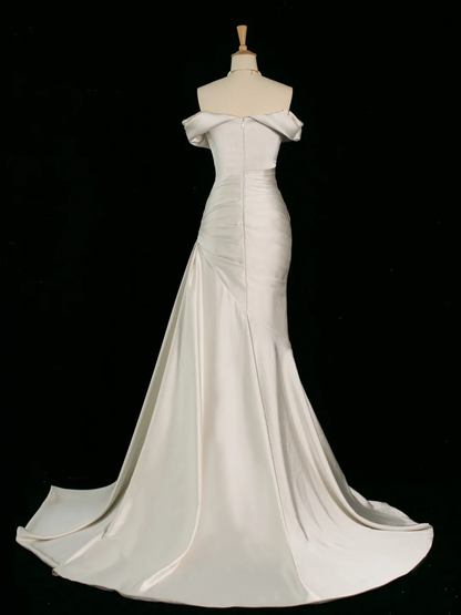 Pretty Wedding Dress Mermaid Off The Shoulder Short Sleeves Satin Long Vintage Wedding Dresses Bridal Gowns Brides Gown DH397