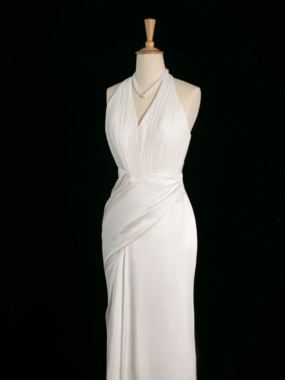Chic Wedding Dress Mermaid Halter White Chiffon Sleeveless Long Vintage Wedding Dresses Bridal Gowns Brides Gown DH398