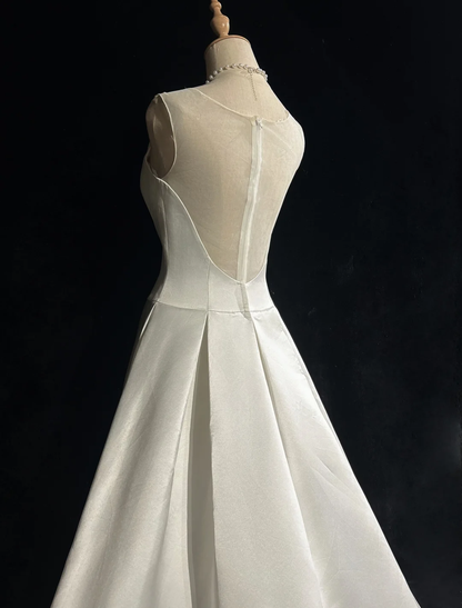 Robe de mariée vintage trapèze, col en V, en satin blanc, sans manches, longue, style vintage, DH401