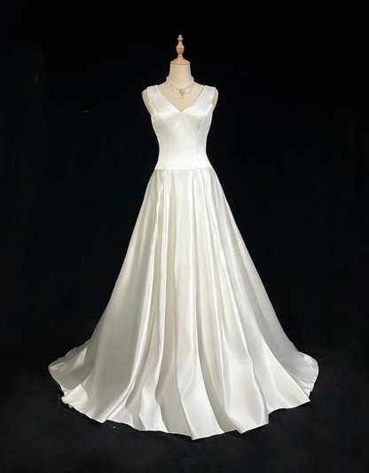 Robe de mariée vintage trapèze, col en V, en satin blanc, sans manches, longue, style vintage, DH401