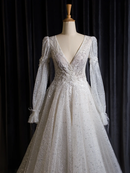 Robe de mariée vintage trapèze, col en V, manches longues, paillettes, blanche, longue, DH402