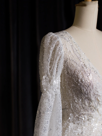 Robe de mariée vintage trapèze, col en V, manches longues, paillettes, blanche, longue, DH402